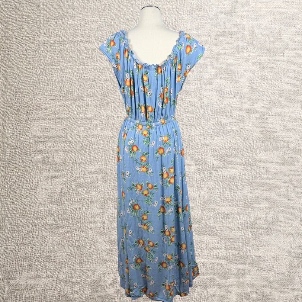 Torrid Midi Dress 2 Blue Orange Fruit Flower Blossom Cottagecore Milkmaid Boho - Picture 4 of 12